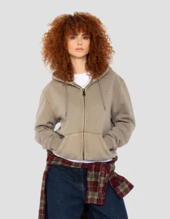 Sweatshirt zippé à capuche taupe, effet délavé - TAUPE