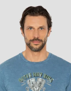 T-shirt biker bleu, effet flammé - BLEU