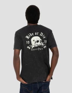 T-shirt biker noir délavé, effet flammé - NOIR DÉLAVÉ