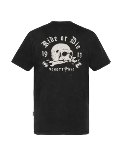 T-shirt biker noir délavé, effet flammé - NOIR DÉLAVÉ