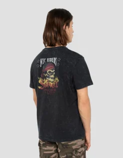 T-shirt biker noir délavé, effet flammé - NOIR DÉLAVÉ