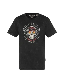T-shirt biker noir délavé, effet flammé - NOIR DÉLAVÉ