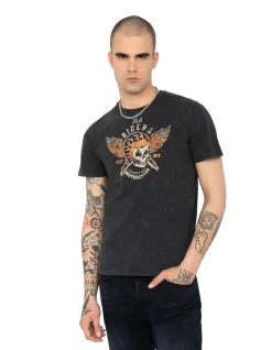 T-shirt biker noir délavé - NOIR DÉLAVÉ