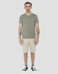 T-shirt col tunisien kaki effet délavé - KAKI