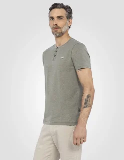 T-shirt col tunisien kaki effet délavé - KAKI