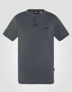 T-shirt col tunisien noir effet délavé - NOIR