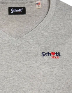 T-shirt gris chiné col V avec broderie cœur - GRIS CHINÉ