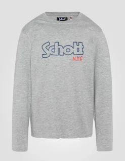 T-shirt imprimé gris chiné à manches longues - GRIS CHINÉ