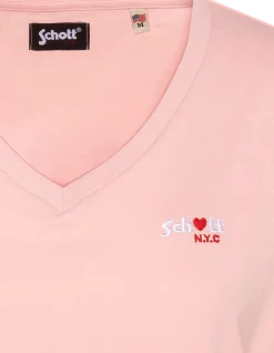 T-shirt rose pâle col V avec broderie cœur - ROSE PÂLE