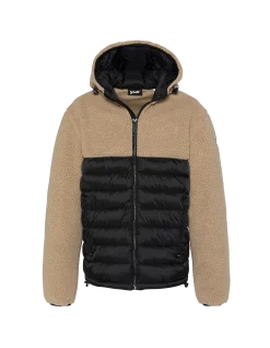 Veste à capuche beige et noire bi matière sherpa et nylon doudouné - BEIGE/NOIR