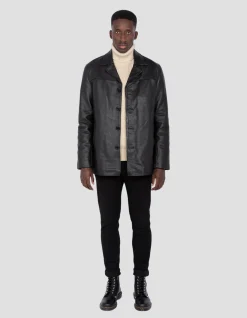 Veste droite noire mi-longue, cuir de vachette - NOIR