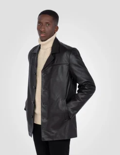 Veste droite noire mi-longue, cuir de vachette - NOIR