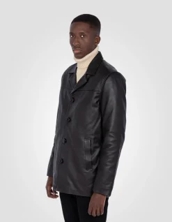 Veste droite noire mi-longue, cuir de vachette - NOIR