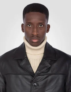 Veste droite noire mi-longue, cuir de vachette - NOIR