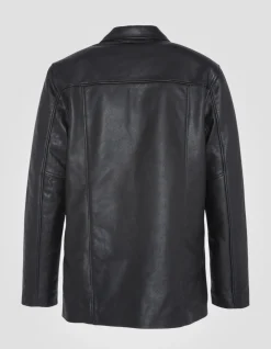 Veste droite noire mi-longue, cuir de vachette - NOIR