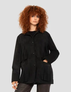 Veste Western noire à franges, chèvre velours - NOIR