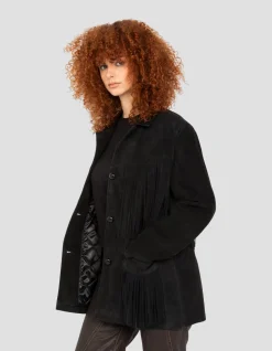 Veste Western noire à franges, chèvre velours - NOIR
